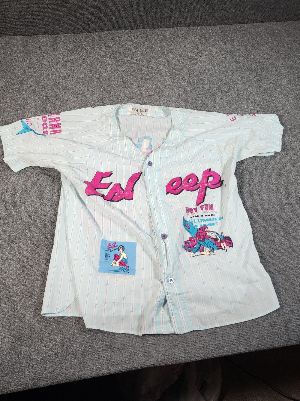 vintage 1980s or 1990s Esleep light blue pinstripe button-up pajama